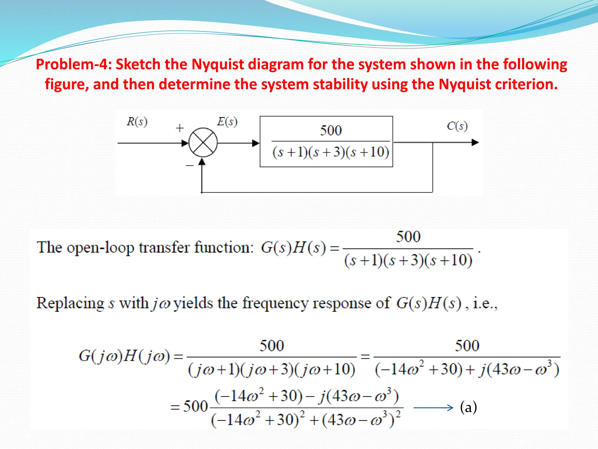 Problem-4: Sketch the Nyquist diagram for the system shown in the following
figure, and then determine the system stability using the Nyquist criterion.
(a)
 