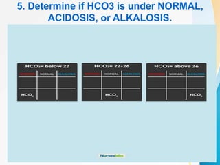 5. Determine if HCO3 is under NORMAL,
ACIDOSIS, or ALKALOSIS.
 