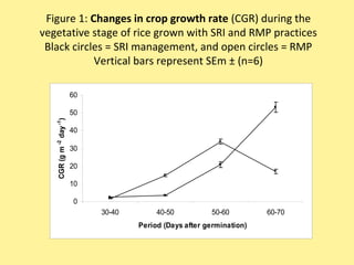 Figure 1: Changes in crop growth rate (CGR) during the
vegetative stage of rice grown with SRI and RMP practices
Black circles = SRI management, and open circles = RMP
Vertical bars represent SEm ± (n=6)
0
10
20
30
40
50
60
30-40 40-50 50-60 60-70
Period (Days after germination)
CGR(gm-2
day-1
)
 