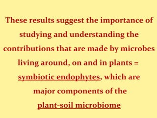These results suggest the importance of
studying and understanding the
contributions that are made by microbes
living around, on and in plants =
symbiotic endophytes, which are
major components of the
plant-soil microbiome
 