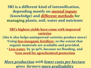 SRI is a different kind of intensification,
depending mostly on mental inputs
(knowledge) and different methods for
managing plants, soil, water and nutrients
SRI’s highest yields have come with improved
varieties
(tho it also helps unimproved varieties produce more)
•Using less inorganic fertilizer, to the extent that
organic materials are available and provided,
• Less water, by 30-50%, because no flooding, and
•Less need for agrochemical protection
More production with lower costs per hectare
gives farmers more profitability
 