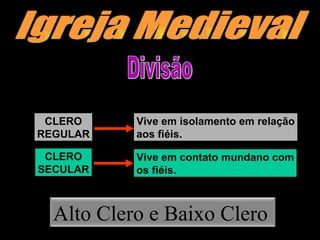 Igreja Medieval CLERO REGULAR Vive em isolamento em relação aos fiéis. CLERO SECULAR Vive em contato mundano com os fiéis. Divisão Alto Clero e Baixo Clero 