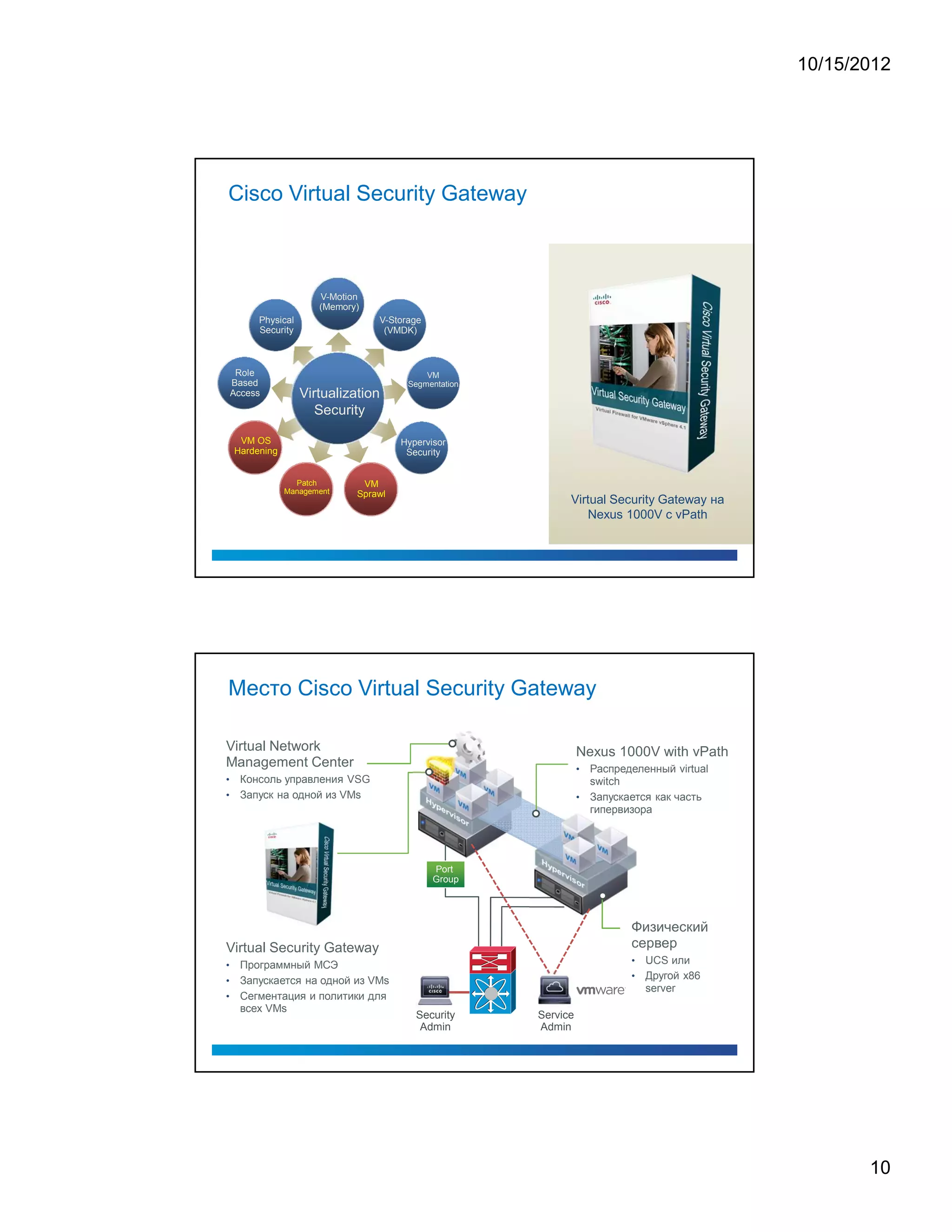 10/15/2012




Cisco Virtual Security Gateway



                       V-Motion
                       (Memory)
         Physical                 V-Storage
         Security                  (VMDK)



     Role                                   VM
    Based                               Segmentation
    Access          Virtualization
                       Security

     VM OS                             Hypervisor
    Hardening                           Security


                  Patch        VM
                Management    Sprawl
                                                             Virtual Security Gateway на
                                                                Nexus 1000V с vPath




Место Cisco Virtual Security Gateway

Virtual Network                                                  Nexus 1000V with vPath
Management Center                                                • Распределенный virtual
• Консоль управления VSG                                           switch
• Запуск на одной из VMs                                         • Запускается как часть
                                                                   гипервизора




                                              Port
                                              Group




                                                                           Физический
Virtual Security Gateway                                                   сервер
• Программный МСЭ                                                          •   UCS или
• Запускается на одной из VMs                                              •   Другой x86
                                                                               server
• Сегментация и политики для
  всех VMs
                                          Security     Service
                                           Admin       Admin




                                                                                                   10
 