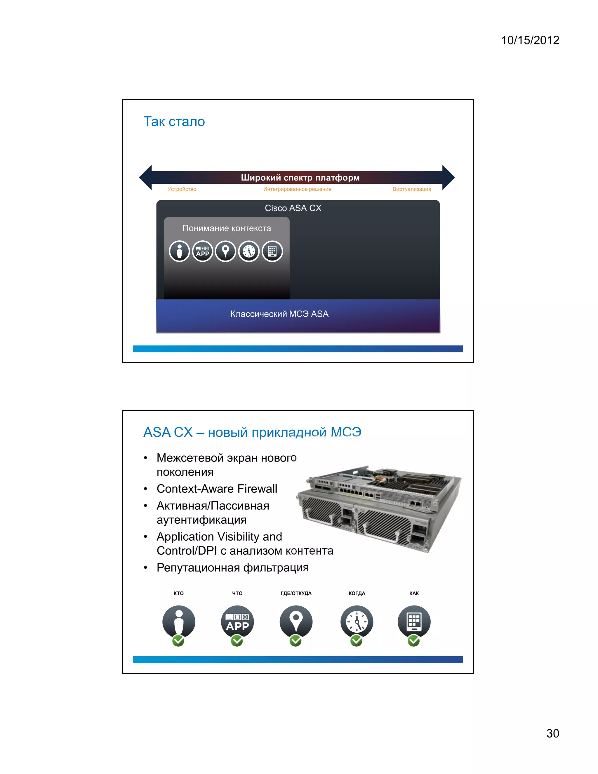 10/15/2012




Так стало


                                               ¡   ¢   ¦      $       ¥       £                      ¦              ¡       £      ¨      !   ¢   ¡           




    Устройство                                          Интегрированное решение                                                                                                     Виртуализация


                                                        Cisco ASA CX

                  Понимание контекста




                            Классический МСЭ ASA




ASA CX – новый прикладной МСЭ
• Межсетевой экран нового
  поколения
• Context-Aware Firewall
• Активная/Пассивная
  аутентификация
• Application Visibility and
  Control/DPI с анализом контента
• Репутационная фильтрация
          ¦   ¡             ¥   ¦   ¡                               ¢   £   §       /   ¡       ¦           ©       £       ¤                                   ¡       ¢   £   ¤            ¤    




                                                                                                                                                                                                            30
 