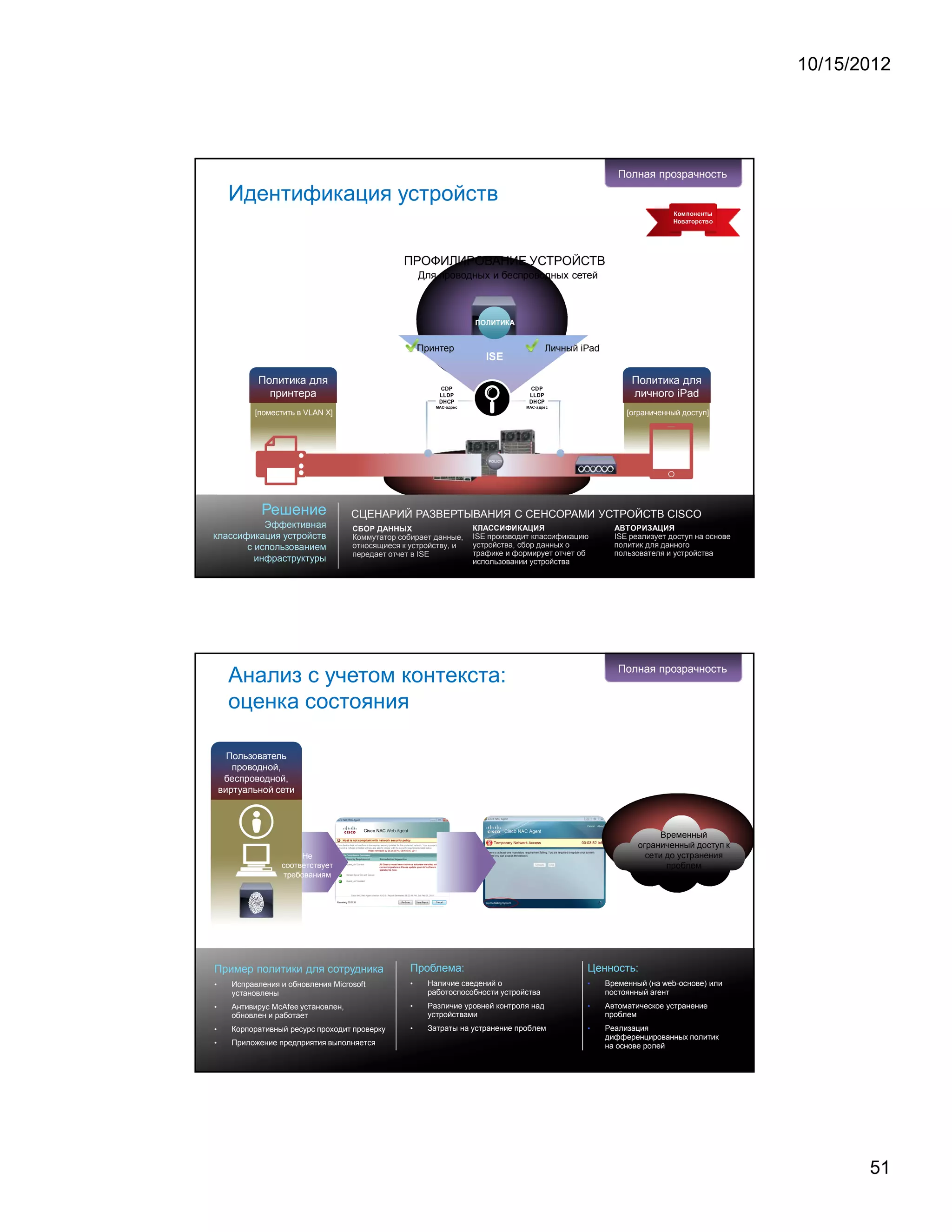 10/15/2012




                                                                                                                                                                                                                                                                                                                                                Полная прозрачность

      Идентификация устройств                                                                                                                                                                                                                                                                                                                                                               
                                                                                                                                                                                                                                                                                                                                                                                                1   #       $       1       4       %       4              '




                                                                                                                                                                                                                                                                                                                                                                                        0       1   2   6              1       (       )              2       1




                                                                         ПРОФИЛИРОВАНИЕ УСТРОЙСТВ
                                                                                 Для проводных и беспроводных сетей



                                                                                                                                                                                                                       !




                                                                                 Принтер                                                                                                I
                                                                                                                                                                                                                                                                                                                            Личный iPad
                                                                                                                                                                                            S           E




              Точка доступа
            Политика для                                                                            C               D                   P                                                                                                                       C               D                       P
                                                                                                                                                                                                                                                                                                                                                            Политика для
              принтера                                                                      D
                                                                                                L           L




                                                                                                            H
                                                                                                                            D




                                                                                                                                C
                                                                                                                                            P




                                                                                                                                                    P                                                                                                   D
                                                                                                                                                                                                                                                            L           L




                                                                                                                                                                                                                                                                        H
                                                                                                                                                                                                                                                                                        D




                                                                                                                                                                                                                                                                                            C
                                                                                                                                                                                                                                                                                                            P




                                                                                                                                                                                                                                                                                                                    P
                                                                                                                                                                                                                                                                                                                                                            личного iPad
                                                                                    M   A               C                                                                                                                             M       A               C                                                  




           [поместить в VLAN X]                                                                                                                                                                                                                                                                                                                         [ограниченный доступ]


                                                                                                                                                                                                                                                                                                                                   Точка
                                                                                                                                                                                                                                                                                                                                  доступа




             Решение                 СЦЕНАРИЙ РАЗВЕРТЫВАНИЯ С СЕНСОРАМИ УСТРОЙСТВ CISCO
           Эффективная               0   1
                                             ¡   2   £   ¤           3   4
                                                                                                                                                                        5       ¤
                                                                                                                                                                                            0       0       6       7           6
                                                                                                                                                                                                                                        ¤       8
                                                                                                                                                                                                                                                                        6                           9
                                                                                                                                                                                                                                                                                                                                            ¤   @   ¦   ¡   2
                                                                                                                                                                                                                                                                                                                                                                6   A
                                                                                                                                                                                                                                                                                                                                                                        ¤   8
                                                                                                                                                                                                                                                                                                                                                                                6   9




классификация устройств              Коммутатор собирает данные,                                                                                                ISE производит классификацию                                                                                                                                                ISE реализует доступ на основе
       с использованием              относящиеся к устройству, и                                                                                                устройства, сбор данных о                                                                                                                                                   политик для данного
                                     передает отчет в ISE                                                                                                       трафике и формирует отчет об                                                                                                                                                пользователя и устройства
         инфраструктуры                                                                                                                                         использовании устройства




                                                                                                                                                                                                                                                                                                                                                Полная прозрачность
      Анализ с учетом контекста:
      оценка состояния

      Пользователь
       проводной,
     беспроводной,
    виртуальной сети



                                                                                                                                                                                                                                                                                                                                                                      Временный
                                                                                                                                                                                                                                                                                                                                                                ограниченный доступ к
                       Не                                                                                                                                                                                                                                                                                                                                         сети до устранения
                  соответствует                                                                                                                                                                                                                                                                                                                                        проблем
                  требованиям




Пример политики для сотрудника                                               Проблема:                                                                                                                                                                                                                                              Ценность:
•     Исправления и обновления Microsoft                                     •    Наличие сведений о                                                                                                                                                                                                                                •     Временный (на web-основе) или
      установлены                                                                 работоспособности устройства                                                                                                                                                                                                                            постоянный агент
•     Антивирус McAfee установлен,                                           •    Различие уровней контроля над                                                                                                                                                                                                                     •     Автоматическое устранение
      обновлен и работает                                                         устройствами                                                                                                                                                                                                                                            проблем
•     Корпоративный ресурс проходит проверку                                 •    Затраты на устранение проблем                                                                                                                                                                                                                     •     Реализация
                                                                                                                                                                                                                                                                                                                                          дифференцированных политик
•     Приложение предприятия выполняется                                                                                                                                                                                                                                                                                                  на основе ролей




                                                                                                                                                                                                                                                                                                                                                                                                                                                                           51
 