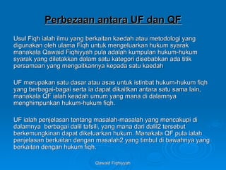Qawaid Fiqhiyyah
Qawaid Fiqhiyyah
Perbezaan antara UF dan QF
Perbezaan antara UF dan QF
Usul Fiqh ialah ilmu yang berkaitan kaedah atau metodologi yang
Usul Fiqh ialah ilmu yang berkaitan kaedah atau metodologi yang
digunakan oleh ulama Fiqh untuk mengeluarkan hukum syarak
digunakan oleh ulama Fiqh untuk mengeluarkan hukum syarak
manakala Qawaid Fiqhiyyah pula adalah kumpulan hukum-hukum
manakala Qawaid Fiqhiyyah pula adalah kumpulan hukum-hukum
syarak yang diletakkan dalam satu kategori disebabkan ada titik
syarak yang diletakkan dalam satu kategori disebabkan ada titik
persamaan yang mengaitkannya kepada satu kaedah
persamaan yang mengaitkannya kepada satu kaedah
UF merupakan satu dasar atau asas untuk istinbat hukum-hukum fiqh
UF merupakan satu dasar atau asas untuk istinbat hukum-hukum fiqh
yang berbagai-bagai serta ia dapat dikaitkan antara satu sama lain,
yang berbagai-bagai serta ia dapat dikaitkan antara satu sama lain,
manakala QF ialah keadah umum yang mana di dalamnya
manakala QF ialah keadah umum yang mana di dalamnya
menghimpunkan hukum-hukum fiqh.
menghimpunkan hukum-hukum fiqh.
UF ialah penjelasan tentang masalah-masalah yang mencakupi di
UF ialah penjelasan tentang masalah-masalah yang mencakupi di
dalamnya berbagai dalil tafsili, yang mana dari dalil2 tersebut
dalamnya berbagai dalil tafsili, yang mana dari dalil2 tersebut
berkemungkinan dapat dikeluarkan hukum. Manakala QF pula ialah
berkemungkinan dapat dikeluarkan hukum. Manakala QF pula ialah
penjelasan berkaitan dengan masalah2 yang timbul di bawahnya yang
penjelasan berkaitan dengan masalah2 yang timbul di bawahnya yang
berkaitan dengan hukum fiqh.
berkaitan dengan hukum fiqh.
 