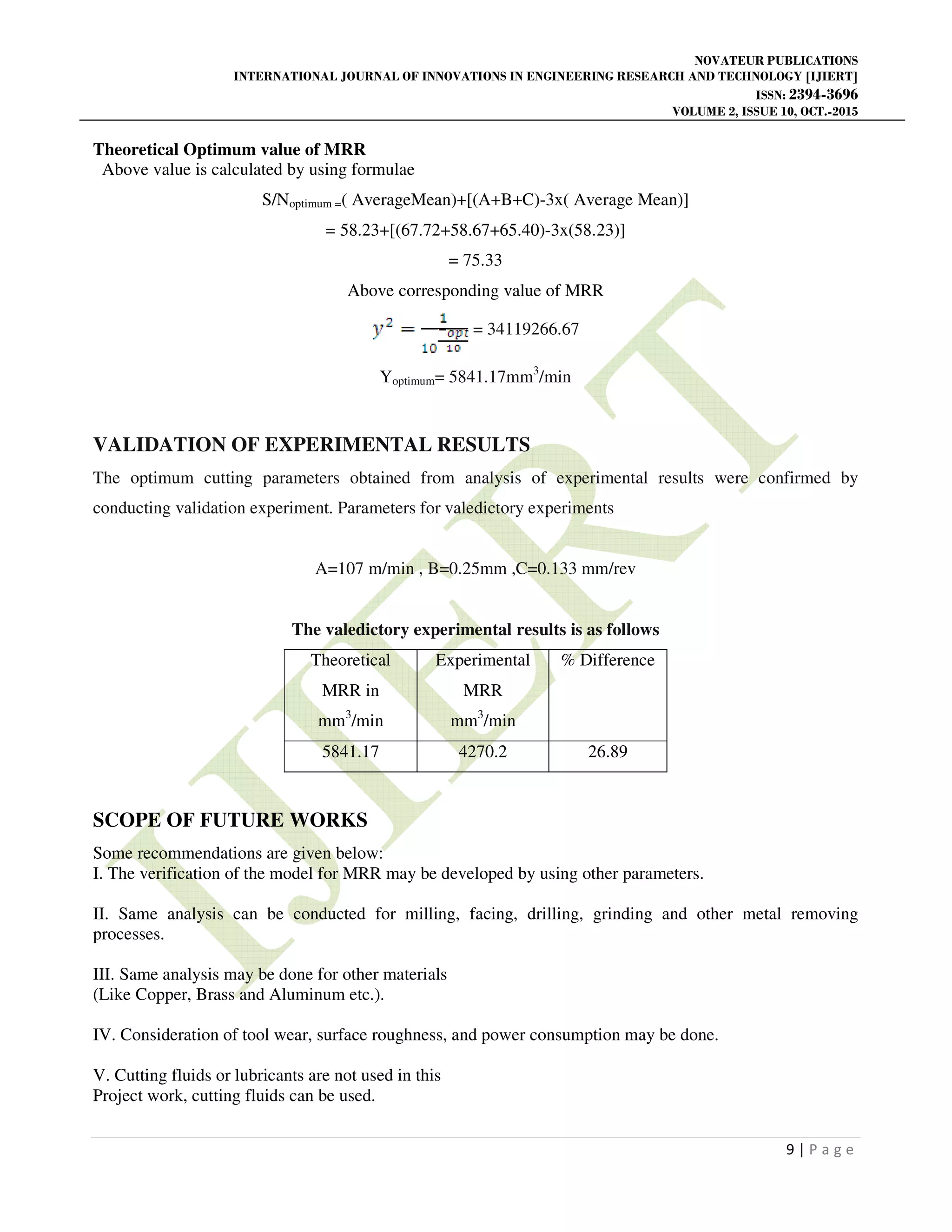 NOVATEUR PUBLICATIONS
INTERNATIONAL JOURNAL OF INNOVATIONS IN ENGINEERING RESEARCH AND TECHNOLOGY [IJIERT]
ISSN: 2394-3696
VOLUME 2, ISSUE 10, OCT.-2015
9 | P a g e
Theoretical Optimum value of MRR
Above value is calculated by using formulae
S/Noptimum =( AverageMean)+[(A+B+C)-3x( Average Mean)]
= 58.23+[(67.72+58.67+65.40)-3x(58.23)]
= 75.33
Above corresponding value of MRR
= 34119266.67
Yoptimum= 5841.17mm3
/min
VALIDATION OF EXPERIMENTAL RESULTS
The optimum cutting parameters obtained from analysis of experimental results were confirmed by
conducting validation experiment. Parameters for valedictory experiments
A=107 m/min , B=0.25mm ,C=0.133 mm/rev
The valedictory experimental results is as follows
Theoretical
MRR in
mm3
/min
Experimental
MRR
mm3
/min
% Difference
5841.17 4270.2 26.89
SCOPE OF FUTURE WORKS
Some recommendations are given below:
I. The verification of the model for MRR may be developed by using other parameters.
II. Same analysis can be conducted for milling, facing, drilling, grinding and other metal removing
processes.
III. Same analysis may be done for other materials
(Like Copper, Brass and Aluminum etc.).
IV. Consideration of tool wear, surface roughness, and power consumption may be done.
V. Cutting fluids or lubricants are not used in this
Project work, cutting fluids can be used.
 