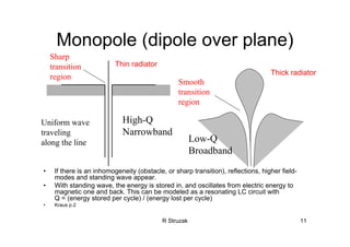 R Struzak 11
Monopole (dipole over plane)
Low-Q
Broadband
High-Q
Narrowband
• If there is an inhomogeneity (obstacle, or sharp transition), reflections, higher field-
modes and standing wave appear.
• With standing wave, the energy is stored in, and oscillates from electric energy to
magnetic one and back. This can be modeled as a resonating LC circuit with
Q = (energy stored per cycle) / (energy lost per cycle)
• Kraus p.2
Smooth
transition
region
Uniform wave
traveling
along the line
Thick radiator
Thin radiator
Sharp
transition
region
 