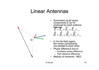 R Struzak 113
Linear Antennas
• Summation of all vector
components E (or H)
produced by each antenna
element
• In the far-field region,
the vector components
are parallel to each other
• Phase difference due to
– Excitation phase difference
– Path distance difference
• Method of moments - NEC
...
...
321
321
+++=
+++=
HHHH
EEEE
ρρρρ
ρρρϖ
O
 