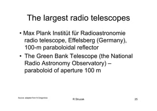 R Struzak 25
The largest radio telescopes
• Max Plank Institüt für Radioastronomie
radio telescope, Effelsberg (Germany),
100-m paraboloidal reflector
• The Green Bank Telescope (the National
Radio Astronomy Observatory) –
paraboloid of aperture 100 m
Source: adapted from N Gregorieva
 
