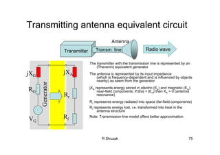 R Struzak 75
Transmitting antenna equivalent circuit
Transmitter Transm. line
Antenna
Generator
RG
jXG
VG
jXA
Rr
Rl
The transmitter with the transmission line is represented by an
(Thevenin) equivalent generator
The antenna is represented by its input impedance
(which is frequency-dependent and is influenced by objects
nearby) as seem from the generator
jXA represents energy stored in electric (Ee) and magnetic (Em)
near-field components; if |Ee| = |Em| then XA = 0 (antenna
resonance)
Rr represents energy radiated into space (far-field components)
Rl represents energy lost, i.e. transformed into heat in the
antenna structure
Note: Transmission-line model offers better approximation
Radio wave
 