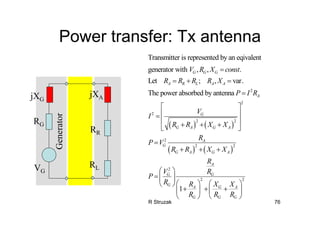 R Struzak 76
Power transfer: Tx antenna
Generator
RG
jXG
VG
jXA
RR
RL
( ) ( )
( ) ( )
2
2
2
2 2
2
2 2
2
Transmitter is represented by an eqivalent
generator with , , .
Let ; , var.
The power absorbed by antenna
G G G
A R L A A
A
G
G A G A
A
G
G A G A
G
G
V R X const
R R R R X
P I R
V
I
R R X X
R
P V
R R X X
V
P
R
=
= + =
=
⎡ ⎤
⎢ ⎥=
⎢ ⎥+ + +⎣ ⎦
=
+ + +
⎛ ⎞
=⎜ ⎟
⎝ ⎠
2 2
1
A
G
GA A
G G G
R
R
XR X
R R R
⎛ ⎞ ⎛ ⎞
+ + +⎜ ⎟ ⎜ ⎟
⎝ ⎠ ⎝ ⎠
 