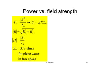 R Struzak 79
Power vs. field strength
2
0
0
2 2
0
0 377 ohms
for plane wave
in free space
r r
E
P E P Z
Z
E E E
E
H
Z
Z
θ ϕ
= → =
= +
=
=
 