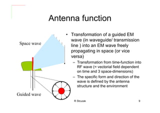 R Struzak 9
Antenna function
• Transformation of a guided EM
wave (in waveguide/ transmission
line ) into an EM wave freely
propagating in space (or vice
versa)
– Transformation from time-function into
RF wave (= vectorial field dependent
on time and 3 space-dimensions)
– The specific form and direction of the
wave is defined by the antenna
structure and the environment
Space wave
Guided wave
 