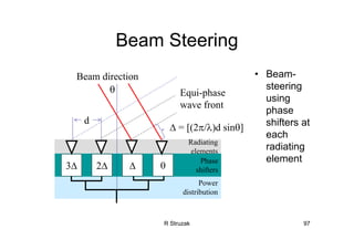 R Struzak 97
Beam Steering
• Beam-
steering
using
phase
shifters at
each
radiating
element
Radiating
elements
Power
distribution
Phase
shifters
Equi-phase
wave front
∆ = [(2π/λ)d sinθ]
3∆ 2∆ ∆ 0
θ
d
Beam direction
 