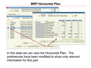 MRP Horizontal Plan
In this slide we can view the Horizontal Plan. The
preferences have been modified to show only relevant
information for this part.
 