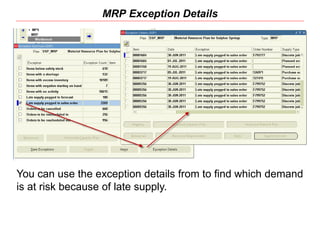 MRP Exception Details
You can use the exception details from to find which demand
is at risk because of late supply.
 