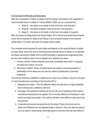 65
5.4 Conclusion of Results and Discussion
After the computation of factor of safety of all the slopes, according to the suggested or
recommended factor of safety of 1.30 by BS6031:2009, we can conclude that
1. Slope A – the slope is not stable in both short term and long term
2. Slope B – the slope is stable in both short term and long term
3. Slope C – the slope is not stable in short term but stable in long term
After the output of safety factors by Oasys Slope 19.0 it can be concluded that remedial
works will be required for Slope A and Slope C as to bring the slopes to the required
safety factor (1.3) which will mean the slopes will be stable.
The remedial works required for each slope will depend on the required factor of safety
for each slope versus the cost of achieving that particular factor of safety, as to stabilise
the slope according to Walsh (2014,p.220).Generally in geotechnical engineering they
are two main methods which can be applied as to stabilise the slope
1. Primary method :These remedial works will immediately take action in stopping
the slide from further occurring
2. Secondary method: These remedial works are useful in ensuring longevity in
stabilisation of the slope and can also be useful in preservation of primary
treatments.
The primary methods available for stabilising the slope are as follows, they are arranged
in order of preference according to Community (2014)
1. Regrading the slope : This has effective effect and also there is high probability
that it will become uneffective with time
2. Drainage: This particular method can be put into use if regrading of the slope is
considered impractical to be applied. This is mostly effective immediately in soils
which are highly permeable. This method will take more effect on soils which are
fine grained.
3. Corporating structural components into the slope: These structures can be
active and effective such as stressed nails or anchors. They can also be passive
such as walls or sheet piling. Generally passive schemes will only take effect on
 