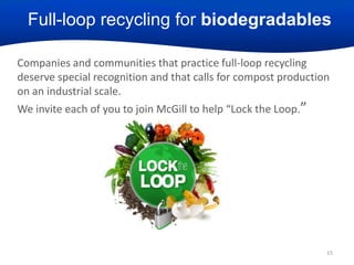 Full-loop recycling for biodegradables
Companies and communities that practice full-loop recycling
deserve special recognition and that calls for compost production
on an industrial scale.
We invite each of you to join McGill to help “Lock the Loop.”

15

 