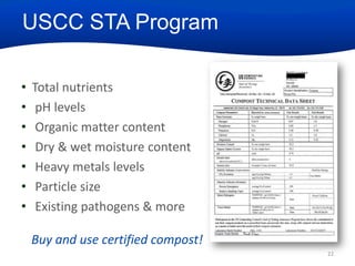 USCC STA Program
•
•
•
•
•
•
•

Total nutrients
pH levels
Organic matter content
Dry & wet moisture content
Heavy metals levels
Particle size
Existing pathogens & more
Buy and use certified compost!
22

 