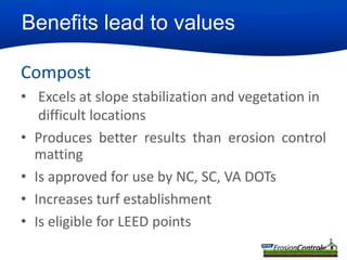 Benefits lead to values
Compost
• Excels at slope stabilization and vegetation in
difficult locations
• Produces better results than erosion control
matting
• Is approved for use by NC, SC, VA DOTs
• Increases turf establishment
• Is eligible for LEED points
23

 