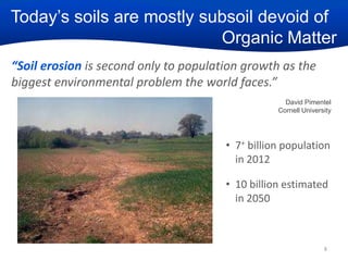 Today’s soils are mostly subsoil devoid of
Organic Matter
“Soil erosion is second only to population growth as the
biggest environmental problem the world faces.”
David Pimentel
Cornell University

• 7+ billion population
in 2012
• 10 billion estimated
in 2050

8

 