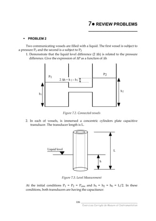 ______________________________________
Exercices Corrigés de Mesure et Instrumentation
106
7777 REVIEW PROBLEMS
_____________________
PROBLEM 2
Two communicating vessels are filled with a liquid. The first vessel is subject to
a pressure P1 and the second is a subject to P2
1. Demonstrate that the liquid level difference (2 ∆h) is related to the pressure
difference. Give the expression of ∆P as a function of ∆h
2 ∆h = h 2 - h1
P1
P2
h1
h2
Figure 7.2. Connected vessels
2. In each of vessels, is immersed a concentric cylinders plate capacitive
transducer. The transducer length is L.
Liquid level L
h
Figure 7.3. Level Measurement
At the initial conditions P1 = P2 = Patm and h1 = h2 = h0 = L/2. In these
conditions, both transducers are having the capacitance:
 