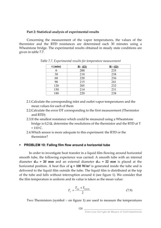______________________________________
Exercices Corrigés de Mesure et Instrumentation
120
Part 2: Statistical analysis of experimental results
Concerning the measurement of the vapor temperatures, the values of the
thermistor and the RTD resistances are determined each 30 minutes using a
Wheatstone bridge. The experimental results obtained in steady state conditions are
given in table 7.7.
Table 7.7. Experimental results for temperature measurement
t (min) R1 (ΩΩΩΩ) R2 (ΩΩΩΩ)
0 200 235
30 210 238
60 220 236
90 215 241
120 205 232
150 214 231
180 220 238
2.1.Calculate the corresponding inlet and outlet vapor temperatures and the
mean values for each of them
2.2.Calculate the error DT corresponding to the first measurement (Thermistor
and RTD)
2.3.If the smallest resistance which could be measured using a Wheatstone
bridge is 0,2 Ω, determine the resolutions of the thermistor and the RTD at T
= 110 C.
2.4.Which sensor is more adequate to this experiment: the RTD or the
thermistor?
PROBLEM 10: Falling film flow around a horizontal tube
In order to investigate heat transfer in a liquid film flowing around horizontal
smooth tube, the following experience was carried: A smooth tube with an internal
diameter dint = 20 mm and an external diameter dext = 22 mm is placed at the
horizontal position. A heat flux of q = 100 W/m² is generated inside the tube and is
delivered to the liquid film outside the tube. The liquid film is distributed at the top
of the tube and falls without interruption around it (see figure 1). We consider that
the film temperature is uniform and its value is taken as the mean value:
2
bottomtop
f
TT
T
+
= (7.9)
Two Thermistors (symbol on figure 1) are used to measure the temperatures
 