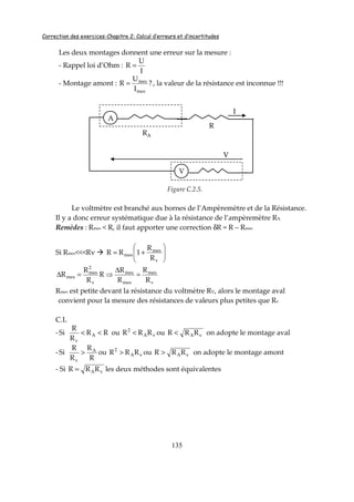 Correction des exercices-Chapitre 2: Calcul d’erreurs et d’incertitudes
135
Les deux montages donnent une erreur sur la mesure :
- Rappel loi d’Ohm :
I
U
R =
- Montage amont : ?
I
U
R
mes
mes
= , la valeur de la résistance est inconnue !!!
Figure C.2.5.
Le voltmètre est branché aux bornes de l’Ampèremètre et de la Résistance.
Il y a donc erreur systématique due à la résistance de l’ampèremètre RA
Remèdes : Rmes < R, il faut apporter une correction δR = R – Rmes
Si Rmes<<<Rv 





+=
v
mes
mes
R
R
1RR
v
mes
mes
mes
v
2
mes
mes
R
R
R
R
R
R
R
R =
∆
⇒=∆
Rmes est petite devant la résistance du voltmètre RV, alors le montage aval
convient pour la mesure des résistances de valeurs plus petites que Rv
C.L
- RR
R
R
Si A
v
<< ou vA
2
RRR < ou vARRR < on adopte le montage aval
-
R
R
R
R
Si A
v
> ou vA
2
RRR > ou vARRR > on adopte le montage amont
- Si vARRR = les deux méthodes sont équivalentes
A
V
V
RA
I
R
A
V
V
RA
I
R
 