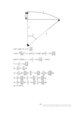 ______________________________________
Exercices Corrigés de Mesure et Instrumentation
152
e
ρ
ρ
α
L
L(T) = ρ(T) × α ⇒ α =
L(T)
ρ(T)
Cos α =
ρ(T) – e
ρ(T)
⇒ e= ρ(T) 1 – Cos α = ρ(T) 1 – Cos
L(T)
ρ(T)
pour T = 120°C; e= – 1.25 1 – Cos
0.3
1.25
= – 0.03 m
7. e= ρ 1 – Cos
L
ρ
de=
∂e
∂L
dL +
∂e
∂ρ
dρ
de= ρ
1
ρ
Si n
L
ρ
dL + 1 – Cos
L
ρ
– ρ
L
ρ2
Si n
L
ρ
dρ
de= Si n
L
ρ
dL + 1 – Cos
L
ρ
–
L
ρ
Si n
L
ρ
dρ
∆e = Si n
L
ρ
∆L + 1 – Cos
L
ρ
–
L
ρ
Si n
L
ρ
∆ρ
∆e = 3. 10-4 m
 