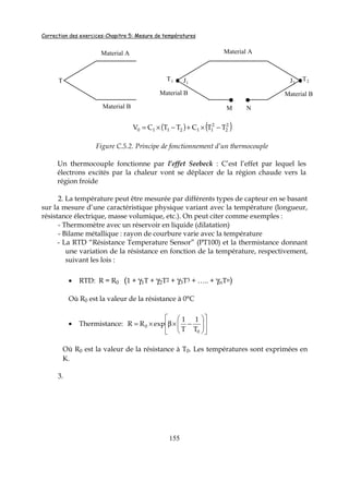 Correction des exercices-Chapitre 5: Mesure de températures
155
T
Material A
Material B
T1
Material B
Material A
T2
Material B
M N
J1 J2
( ) ( )2
2
2
112110 TTCTTCV −×+−×=
Figure C.5.2. Principe de fonctionnement d’un thermocouple
Un thermocouple fonctionne par l’effet Seebeck : C’est l’effet par lequel les
électrons excités par la chaleur vont se déplacer de la région chaude vers la
région froide
2. La température peut être mesurée par différents types de capteur en se basant
sur la mesure d’une caractéristique physique variant avec la température (longueur,
résistance électrique, masse volumique, etc.). On peut citer comme exemples :
- Thermomètre avec un réservoir en liquide (dilatation)
- Bilame métallique : rayon de courbure varie avec la température
- La RTD “Résistance Temperature Sensor” (PT100) et la thermistance donnant
une variation de la résistance en fonction de la température, respectivement,
suivant les lois :
• RTD: R = R0 (1 + γ1T + γ2T2 + γ3T3 + ….. + γnTn)
Où R0 est la valeur de la résistance à 0°C
• Thermistance: 











−×β×=
0
0
T
1
T
1
expRR
Où R0 est la valeur de la résistance à T0. Les températures sont exprimées en
K.
3.
 