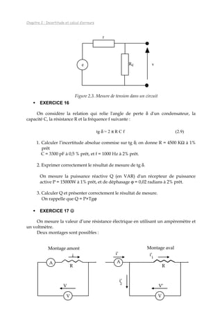 Chapitre 2 : Incertitude et calcul d’erreurs
e
r
Rc v
Figure 2.3. Mesure de tension dans un circuit
EXERCICE 16
On considère la relation qui relie l'angle de perte δ d'un condensateur, la
capacité C, la résistance R et la fréquence f suivante :
tg δ = 2 π R C f (2.9)
1. Calculer l’incertitude absolue commise sur tg δ; on donne R = 4500 KΩ à 1%
prêt
C = 3300 pF à 0,5 % prêt, et f = 1000 Hz à 2% prêt.
2. Exprimer correctement le résultat de mesure de tg δ.
On mesure la puissance réactive Q (en VAR) d'un récepteur de puissance
active P = 15000W à 1% prêt, et de déphasage ϕ = 0,02 radians à 2% prêt.
3. Calculer Q et présenter correctement le résultat de mesure.
On rappelle que Q = P×Tgϕ
EXERCICE 17 ☺☺☺☺
On mesure la valeur d’une résistance électrique en utilisant un ampèremètre et
un voltmètre.
Deux montages sont possibles :
Montage amont Montage aval
A
V
V
R
i
V
V’
R
i’
1
A
i’
i’
2
Montage amont Montage aval
A
V
V
R
i
A
V
V
R
i
V
V’
R
i’
1
A
i’
i’
2
V
V’
R
i’
1
i’
1
A
i’
i’
2
 
