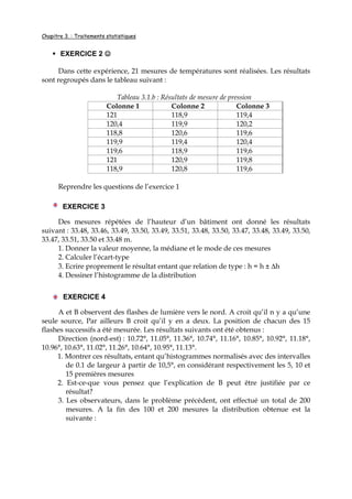 Chapitre 3. : Traitements statistiques
EXERCICE 2 ☺☺☺☺
Dans cette expérience, 21 mesures de températures sont réalisées. Les résultats
sont regroupés dans le tableau suivant :
Tableau 3.1.b : Résultats de mesure de pression
Colonne 1 Colonne 2 Colonne 3
121 118,9 119,4
120,4 119,9 120,2
118,8 120,6 119,6
119,9 119,4 120,4
119,6 118,9 119,6
121 120,9 119,8
118,9 120,8 119,6
Reprendre les questions de l’exercice 1
EXERCICE 3
Des mesures répétées de l’hauteur d’un bâtiment ont donné les résultats
suivant : 33.48, 33.46, 33.49, 33.50, 33.49, 33.51, 33.48, 33.50, 33.47, 33.48, 33.49, 33.50,
33.47, 33.51, 33.50 et 33.48 m.
1. Donner la valeur moyenne, la médiane et le mode de ces mesures
2. Calculer l’écart-type
3. Ecrire proprement le résultat entant que relation de type : h = h ± ∆h
4. Dessiner l’histogramme de la distribution
EXERCICE 4
A et B observent des flashes de lumière vers le nord. A croit qu’il n y a qu’une
seule source, Par ailleurs B croit qu’il y en a deux. La position de chacun des 15
flashes successifs a été mesurée. Les résultats suivants ont été obtenus :
Direction (nord-est) : 10.72°, 11.05°, 11.36°, 10.74°, 11.16°, 10.85°, 10.92°, 11.18°,
10.96°, 10.63°, 11.02°, 11.26°, 10.64°, 10.95°, 11.13°.
1. Montrer ces résultats, entant qu’histogrammes normalisés avec des intervalles
de 0.1 de largeur à partir de 10,5°, en considérant respectivement les 5, 10 et
15 premières mesures
2. Est-ce-que vous pensez que l’explication de B peut être justifiée par ce
résultat?
3. Les observateurs, dans le problème précédent, ont effectué un total de 200
mesures. A la fin des 100 et 200 mesures la distribution obtenue est la
suivante :
 