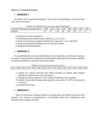 Chapitre 3. : Traitements statistiques
EXERCICE 7
La mesure de la capacité thermique C d'une vase calorimétrique a donné la série
des valeurs suivantes :
Tableau 3.3. Résultats de mesure de capacité thermique
Capacité thermique mesurée (J.K-1) 200 210 220 230 240 250 260 270
Effectif 2 9 19 26 24 14 5 1
1. Calculer la valeur centrale Cm
2. Positionner sur le même axe les valeurs Cmin, Cmax et Cm
3. Ecrire sous la forme usuelle le résultat de la mesure C = (Cm ±∆C) J.K-1
4. Tracer la courbe de distribution de la série des valeurs
5. Qualifier cette distribution
EXERCICE 8
Un expérimentateur, lors du déroulement de son expérience, s'intéresse à mesurer
le temps t correspondant a la durée d'un phénomène physique. Des mesures répétées
ont permis d'obtenir la série des valeurs suivantes:
Tableau 3.4. Série de mesures de la durée t
T(s) 3,56 3,58 3,57 3,52 3,54 3,56 3,57 3,53 3,56 3,56 3,57 3,59 3,54 3,56
1. Classer les valeurs trouvées par ordre croissant et donner pour chaque
résultat le nombre n fois ou il a été trouve
2. Calculer la valeur moyenne T de la durée et l'étendue r des résultats
3. Calculer l'intervalle de temps dans lequel la vraie valeur T a 95% de chance de
se trouver
4. Calculer l'écart type
EXERCICE 9
Dans un processus chimique donné, la température est relevée toutes les trois
minutes. Les mesures correspondant à la première heure de l’expérience sont
données dans la figure suivante :
 