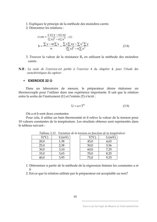 33
______________________________________
Exercices Corrigés de Mesure et Instrumentation
1. Expliquez le principe de la méthode des moindres carrés
2. Démontrer les relations :
(1)
( ) ∑∑
∑∑∑
−
−
= 22
xnx
xynyx
m ; (2)
( ) ∑∑
∑ ∑ ∑ ∑∑ ∑
−
−
=
−
= 22
2
xnx
yxxyx
n
xmy
b (3.8)
3. Trouver la valeur de la résistance Rs en utilisant la méthode des moindres
carrés.
N.B : La suite de l’exercice est portée à l’exercice 4 du chapitre 4, pour l’étude des
caractéristiques du capteur
EXERCICE 22 ☺☺☺☺
Dans un laboratoire de mesure, le préparateur désire étalonner un
thermocouple pour l’utiliser dans une expérience importante. Il sait que la relation
entre la sortie de l’instrument (U) et l’entrée (T) s’écrit :
b
TaU ×= (3.9)
Où a et b sont deux constantes
Pour cela, il utilise un bain thermostaté et il relève la valeur de la tension pour
10 valeurs constantes de la température. Les résultats obtenus sont représentés dans
le tableau suivant :
Tableau 3.11. Variation de la tension en fonction de la température
T(°C) U(mV) T(°C) U(mV)
20,0 1,38 45,0 4,65
25,0 2,38 50,0 5,56
30,0 3,10 60,0 7,25
35,0 3,65 70,0 8,25
40,0 3,95 75,0 9,35
1. Déterminer à partir de la méthode de la régression linéaire les constantes a et
b
2. Est-ce-que la relation utilisée par le préparateur est acceptable ou non?
 