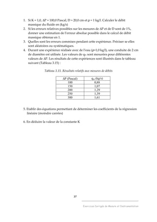 37
______________________________________
Exercices Corrigés de Mesure et Instrumentation
1. Si K = 1,0, ∆P = 100,0 Pascal, D = 20,0 cm et ρ = 1 kg/l. Calculer le débit
massique du fluide en (kg/s)
2. Si les erreurs relatives possibles sur les mesures de ∆P et de D sont de 1%,
donner une estimation de l’erreur absolue possible dans le calcul de débit
massique obtenue en 1.
3. Quelles sont les erreurs commises pendant cette expérience. Préciser se elles
sont aléatoires ou systématiques.
4. Durant une expérience réalisée avec de l’eau (ρ=1,0 kg/l), une conduite de 2 cm
de diamètre est utilisée. Les valeurs de qm sont mesurées pour différentes
valeurs de ∆P. Les résultats de cette expériences sont illustrés dans le tableau
suivant (Tableau 3.15) :
Tableau 3.15. Résultats relatifs aux mesures de débits
∆P (Pascal) qm (kg/s)
100 0,88
150 1,07
200 1,29
250 1,39
300 1,61
5. Etablir des équations permettant de déterminer les coefficients de la régression
linéaire (moindre carrées)
6. En déduire la valeur de la constante K
 