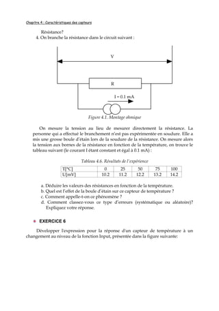Chapitre 4 : Caractéristiques des capteurs
Résistance?
4. On branche la résistance dans le circuit suivant :
Figure 4.1. Montage ohmique
On mesure la tension au lieu de mesurer directement la résistance. La
personne qui a effectué le branchement n’est pas expérimentée en soudure. Elle a
mis une grosse boule d’étain lors de la soudure de la résistance. On mesure alors
la tension aux bornes de la résistance en fonction de la température, on trouve le
tableau suivant (le courant I étant constant et égal à 0.1 mA) :
Tableau 4.6. Résultats de l'expérience
T[°C] 0 25 50 75 100
U[mV] 10.2 11.2 12.2 13.2 14.2
a. Déduire les valeurs des résistances en fonction de la température.
b. Quel est l’effet de la boule d’étain sur ce capteur de température ?
c. Comment appelle-t-on ce phénomène ?
d. Comment classez-vous ce type d’erreurs (systématique ou aléatoire)?
Expliquez votre réponse.
EXERCICE 6
Développer l'expression pour la réponse d'un capteur de température à un
changement au niveau de la fonction Input, présentée dans la figure suivante:
R
I = 0.1 mA
V
 