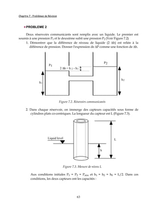 Chapitre 7 : Problèmes de Révision
63
PROBLEME 2
Deux réservoirs communicants sont remplis avec un liquide. Le premier est
soumis à une pression P1 et le deuxième subit une pression P2 (Voir Figure 7.2)
1. Démontrer que la différence de niveau de liquide (2 ∆h) est reliée à la
différence de pression. Donner l'expression de ∆P comme une fonction de ∆h.
2 ∆h = h 2 - h1
P1
P2
h1
h2
Figure 7.2. Résevoirs communicants
2. Dans chaque réservoir, on immerge des capteurs capacitifs sous forme de
cylindres plats co-centriques. La longueur du capteur est L (Figure 7.3).
Liquid level L
h
Figure 7.3. Mesure de niveu L
Aux conditions initiales P1 = P2 = Patm et h1 = h2 = h0 = L/2. Dans ces
conditions, les deux capteurs ont les capacités :
 