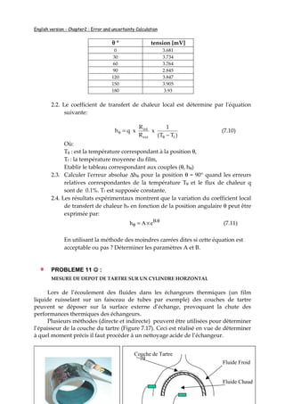 English version - Chapter2 : Error and uncertainty Calculation
79
θ °θ °θ °θ ° tension [mV]
0 3.681
30 3.734
60 3.764
90 2.845
120 3.847
150 3.905
180 3.93
2.2. Le coefficient de transfert de chaleur local est détermine par l'équation
suivante:
)TT(
1
x
R
R
xqh
fext
int
−
=
θ
θ (7.10)
Où:
Tθ : est la température correspondant à la position θ,
Tf : la température moyenne du film,
Etablir le tableau correspondant aux couples (θ, hθ)
2.3. Calculer l'erreur absolue ∆hθ pour la position θ = 90° quand les erreurs
relatives correspondantes de la température Tθ et le flux de chaleur q
sont de 0.1%. Tf est supposée constante.
2.4. Les résultats expérimentaux montrent que la variation du coefficient local
de transfert de chaleur h en fonction de la position angulaire θ peut être
exprimée par:
B.
h A e θ
θ = × (7.11)
En utilisant la méthode des moindres carrées dites si cette équation est
acceptable ou pas ? Déterminer les paramètres A et B.
PROBLEME 11 ☺☺☺☺ :
MESURE DE DEPOT DE TARTRE SUR UN CYLINDRE HORZONTAL
Lors de l’écoulement des fluides dans les échangeurs thermiques (un film
liquide ruisselant sur un faisceau de tubes par exemple) des couches de tartre
peuvent se déposer sur la surface externe d’échange, provoquant la chute des
performances thermiques des échangeurs.
Plusieurs méthodes (directe et indirecte) peuvent être utilisées pour déterminer
l’épaisseur de la couche du tartre (Figure 7.17). Ceci est réalisé en vue de déterminer
à quel moment précis il faut procéder à un nettoyage acide de l’échangeur.
Fluide Chaud
Fluide Froid
Couche de Tartre
 