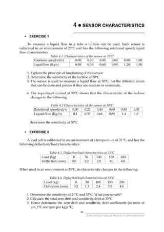 ______________________________________
Exercices Corrigés de Mesure et Instrumentation
94
4444 SENSOR CHARACTERISTICS
_____________________________
EXERCISE 1
To measure a liquid flow in a tube a turbine can be used. Such sensor is
calibrated in an environment of 20°C and has the following rotational speed/liquid
flow characteristics:
Table 4.1. Characteristics of the sensor at 20°C
Rotational speed (rd/s) 0,00 0,20 0,40 0,60 0,80 1,00
Liquid flow (Kg/s) 0,00 0,30 0,60 0,90 1,20 1,50
1. Explain the principle of functioning of this sensor
2. Determine the sensitivity of the turbine at 20°C
3. The sensor is used to measure a liquid flow at 50°C, list the different errors
that can be done and precise if they are random or systematic.
4. The experiment carried at 50°C shows that the characteristic of the turbine
changes to the following:
Table 4.2 Characteristics of the sensor at 50°C
Rotational speed(rd/s) 0,00 0,20 0,40 0,60 0,80 1,00
Liquid flow (Kg/s) 0,1 0,35 0,64 0,85 1,1 1,6
Determine the sensitivity at 50°C.
EXERCISE 2
A load cell is calibrated in an environment at a temperature of 21 °C and has the
following deflection/load characteristics:
Table 4.3. Deflection/load characteristics at 21°C
Load (kg) 0 50 100 150 200
Deflection (mm) 0.0 1.0 2.0 3.0 4.0
When used in an environment at 35°C, its characteristic changes to the following:
Table 4.4. Deflection/load characteristics at 35°C
Load (kg) 0 50 100 150 200
Deflection (mm) 0.2 1.3 2.4 3.5 4.6
1. Determine the sensitivity at 21°C and 35°C. What you remark?
2. Calculate the total zero drift and sensitivity drift at 35°C
3. Hence determine the zero drift and sensitivity drift coefficients (in units of
µm /°C and (µm par kg)/°C)
 