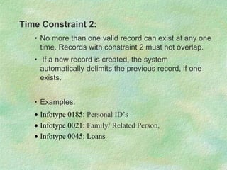 Time Constraint 2:
• No more than one valid record can exist at any one
time. Records with constraint 2 must not overlap.
• If a new record is created, the system
automatically delimits the previous record, if one
exists.
• Examples:
 Infotype 0185: Personal ID’s
 Infotype 0021: Family/ Related Person,
 Infotype 0045: Loans
 