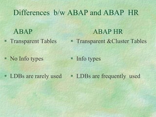 Differences b/w ABAP and ABAP HR
ABAP ABAP HR
 Transparent Tables
 No Info types
 LDBs are rarely used
 Transparent &Cluster Tables
 Info types
 LDBs are frequently used
 