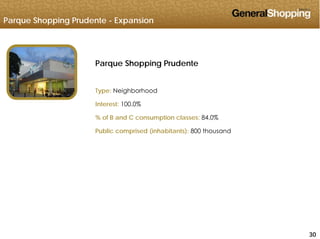 Parque Shopping Prudente - Expansion
Parque Shopping Prudente
Type: NeighborhoodType: Neighborhood
Interest: 100.0%
% of B and C consumption classes: 84.0%% of B and C consumption classes: 84.0%
Public comprised (inhabitants): 800 thousand
303030
 