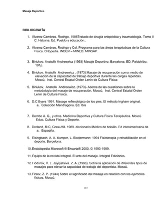Masaje Deportivo
115
BIBLIOGRAFÍA
1. Álvarez Cambras, Rodrigo. 1986Tratado de cirugía ortopédica y traumatología. Tomo II
C. Habana. Ed. Pueblo y educación..
2. Álvarez Cambras, Rodrigo y Col. Programa para las áreas terapéuticas de la Cultura
Física. Ortopedia. INDER – MINED. MINSAP.
3. Biriukov. Anatolik Andreewicz (1993) Masaje Deportivo. Barcelona, ED. Paidotribo.
191p.
4. Biriukov. Anatolik Andreewicz . (1973) Masaje de recuperación como medio de
elevación de la capacidad de trabajo deportiva durante las cargas repetidas.
Moscú, Inst. Central Estatal Orden Lenin de Cultura Física
5. Biriukov, Anatolik Andreewicz. (1973)- Acerca de las cuestiones sobre la
metodología del masaje de recuperación. Moscú, Inst. Central Estatal Orden
Lenin de Cultura Física.
6. D.C Byers 1991. Masage reflexológico de los pies. El método Ingham original.
a. Colección Mandragona. Ed. Ibis
7. Dembo A. G., y otros. Medicina Deportiva y Cultura Física Terapéutica. Moscú
Educ. Cultura Física y Deporte.
8. Dorland, M.C, Graw-Hill. 1989. diccionario Médico de bolsillo. Ed interamericana de
a. Espaqña.
9. Eisingbach, A. A. klumper, L. Biodermann: 1994 Fisioterapia y rehabilitación en el
deporte. Barcelona.
10.Enciclopedia Microsoft ® Encarta® 2000. © 1993-1999.
11.Equipo de la revista integral. El arte del masaje. Integral Ediciones.
12.Fiódorov, V. L. Jayrysheva. Z. A. (1966). Sobre la aplicación de diferentes tipos de
masajes para elevar la capacidad de trabajo del deportista. Moscú.
13.Firsov, Z. P. (1944) Sobre el significado del masaje en relación con los ejercicios
físicos. Moscú.
 