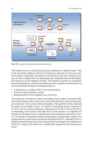 76 W. Lawrenz et al.
This chapter focuses on the physical network architecture or “physical layer”. Due
to the increasing complexity and size of automotive networks over the past years,
more rigorous exploration and analysis of the physical layer have become neces-
sary. In order to address this very challenging task, simulation-based methodologies
have proven to be the methods of choice. The technical necessity for simulation-
based methodologies is driven by the following issues typically encountered by the
network developer during the development process:
•	 Complexity (e.g. number of ECUs and wiring harness)
•	 Variety of vehicle platform variants
•	 Reproducibility of test conditions (e.g. worst case)
The complexity of modern in-vehicle networking systems makes it extremely diffi-
cult for developers to derive any a priori conclusions about the correct functionality
and robustness of the system before prototyping. This problem will be explained
by means of an example. Figure 2.30 depicts a networking system composed of
six ECUs that are connected through a high-speed CAN bus. If one of the ECUs
is transmitting a data stream to the other ECUs in the network, it is important for
the network developer to know what data have been sampled by each of the receiv-
ers. The reasons for problems during communication are particularly related to the
analog electrical signal behaviour between the different ECUs. Although CAN is a
digital communication protocol, the electrical behaviour along the bus and between
the ECUs is analog. This behaviour is significantly impacted by the following ele-
ments:
Fig. 2.30   Logical versus physical network architecture
 