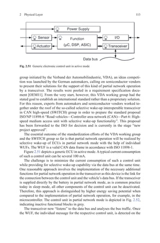 1132  Physical Layer
group initiated by the Verband der Automobilindustrie, VDA), an ideas competi-
tion was launched by the German automakers, calling on semiconductor vendors
to present their solutions for the support of this kind of partial network operation
by a transceiver. The results were pooled in a requirement specification docu-
ment [OEM11]. From the very start, however, this VDA working group had the
stated goal to establish an international standard rather than a proprietary solution.
For this reason, experts from automakers and semiconductor vendors worked to-
gether under the roof of the so-called selective wake-up interoperable transceiver
in CAN high-speed (SWITCH) group in order to prepare the standard proposal
ISO/NP 11898-6 “Road vehicles—Controller area network (CAN)—Part 6: High-
speed medium access unit with selective wake-up functionality”. This proposal
has been forwarded to the ISO for decision and is currently in the stage “new
project approved”.
The essential outcome of the standardization efforts of the VDA working group
and the SWITCH group so far is that partial network operation will be realized by
selective wake-up of ECUs in partial network mode with the help of individual
WUFs. The WUF is a valid CAN data frame in accordance with ISO 11898-1.
Figure 2.51 depicts a generic ECU in active mode.Atypical current consumption
of such a control unit can be several 100 mA.
The challenge is to minimize the current consumption of such a control unit
while providing for selective wake-up capability via the data bus at the same time.
One reasonable approach involves the implementation of the necessary additional
functions for partial network operation in the transceiver as this device is the link for
the connection between the control unit and the vehicle’s data bus. If the transceiver
is supplied directly by the battery in partial network mode, as is common practice
today in sleep mode, all other components of the control unit can be deactivated.
Therefore, this approach is distinguished by higher energy saving potential when
compared to the implementation of partial network operation, for example, in the
microcontroller. The control unit in partial network mode is depicted in Fig. 2.52,
indicating inactive functional blocks in grey.
The transceiver now “listens” to the data bus and analyses the bus traffic. Once
the WUF, the individual message for the respective control unit, is detected on the
Fig. 2.51   Generic electronic control unit in active mode
 