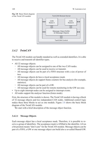148 W. Lawrenz et al.
3.4.2  TwinCAN
The TwinCAN module can handle standard as well as extended identifiers. It is able
to receive and transmit all identifier types.
•	 All 32 message objects:
−	 All message objects can be assigned to one of the two CAN nodes.
−	 All message objects can be used to receive or transmit.
−	 All message objects can be part of a FIFO structure with a size of power of
two.
−	 All message objects do have a local acceptance mask.
−	 All message objects do support frame counters for bus analysis (for example,
statistics).
−	 All message objects can be part of a GW.
−	 All message objects can be used for remote monitoring in the GW use case.
•	 Up to eight interrupt nodes can be assigned to interrupt events.
•	 All nodes support the analyser function (listen mode).
First, the structure of the module is shown. The TwinCAN module is having a block
of 32 message objects and two independent CAN nodes. Additional control logic
makes these three blocks to act as one module. Figure 3.8 shows the basic block
diagram of the TwinCAN module.
We start with a brief description of the message object function.
3.4.2.1 Message Objects
Each message object has a local acceptance mask. Therefore, it is possible to re-
ceive a group of identifiers. The acceptance mask is ANDed to the identifier. A 0 on
a bit position means “don’t care” for the TwinCAN module. Message objects can be
part of a FIFO, a GW or one message object can build also a so-called Shared GW.
Fig. 3.8   Basic block diagram
of the TwinCAN module
 