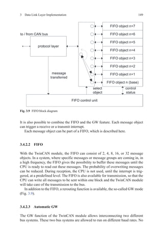 1493  Data Link Layer Implementation
It is also possible to combine the FIFO and the GW feature. Each message object
can trigger a receive or a transmit interrupt.
Each message object can be part of a FIFO, which is described here.
3.4.2.2  FIFO
With the TwinCAN module, the FIFO can consist of 2, 4, 8, 16, or 32 message
objects. In a system, where specific messages or message groups are coming in, in
a high frequency, the FIFO gives the possibility to buffer these messages until the
CPU is ready to read out these messages. The probability of overwriting messages
can be reduced. During reception, the CPU is not used, until the interrupt is trig-
gered, at a predefined level. The FIFO is also available for transmission, so that the
CPU can write all messages to be sent within one block and the TwinCAN module
will take care of the transmission to the bus.
In addition to the FIFO, a rerouting function is available, the so-called GW mode
(Fig. 3.9).
3.4.2.3 Automatic GW
The GW function of the TwinCAN module allows interconnecting two different
bus systems. These two bus systems are allowed to run on different baud rates. No
Fig. 3.9   FIFO block diagram
 