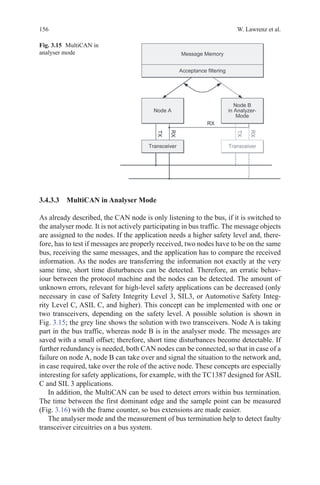 156 W. Lawrenz et al.
3.4.3.3 MultiCAN in Analyser Mode
As already described, the CAN node is only listening to the bus, if it is switched to
the analyser mode. It is not actively participating in bus traffic. The message objects
are assigned to the nodes. If the application needs a higher safety level and, there-
fore, has to test if messages are properly received, two nodes have to be on the same
bus, receiving the same messages, and the application has to compare the received
information. As the nodes are transferring the information not exactly at the very
same time, short time disturbances can be detected. Therefore, an erratic behav-
iour between the protocol machine and the nodes can be detected. The amount of
unknown errors, relevant for high-level safety applications can be decreased (only
necessary in case of Safety Integrity Level 3, SIL3, or Automotive Safety Integ-
rity Level C, ASIL C, and higher). This concept can be implemented with one or
two transceivers, depending on the safety level. A possible solution is shown in
Fig. 3.15; the grey line shows the solution with two transceivers. Node A is taking
part in the bus traffic, whereas node B is in the analyser mode. The messages are
saved with a small offset; therefore, short time disturbances become detectable. If
further redundancy is needed, both CAN nodes can be connected, so that in case of a
failure on node A, node B can take over and signal the situation to the network and,
in case required, take over the role of the active node. These concepts are especially
interesting for safety applications, for example, with the TC1387 designed for ASIL
C and SIL 3 applications.
In addition, the MultiCAN can be used to detect errors within bus termination.
The time between the first dominant edge and the sample point can be measured
(Fig. 3.16) with the frame counter, so bus extensions are made easier.
The analyser mode and the measurement of bus termination help to detect faulty
transceiver circuitries on a bus system.
Fig. 3.15   MultiCAN in
analyser mode
 