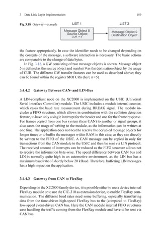 1593  Data Link Layer Implementation
the feature appropriately. In case the identifier needs to be changed depending on
the contents of the message, a software interaction is necessary. The basic actions
are comparable to the change of data bytes.
In Fig. 3.18, a GW consisting of two message objects is shown. Message object
5 is defined as the source object and number 9 as the destination object by the usage
of CUR. The different GW transfer features can be used as described above; they
can be found within the register MOFCRn (here n = 5).
3.4.4.2 Gateway Between CAN- and LIN-Bus
A LIN-compliant node on the XC2000 is implemented on the USIC (Universal
Serial Interface Controller) module. The USIC includes a module internal counter,
which eases the baud rate measurement during BREAK signal. The module in-
cludes a FIFO structure, which allows in combination with the collision detection
feature, to have only a single interrupt for the header and one for the frame response.
For frames copied from one bus system (here CAN) to another or signal groups, it
also eases the usage of writing to the module, as the information can be written at
one time. The application does not need to reserve the occupied message objects for
longer times or to buffer the messages within RAM in this case, as they can directly
be written to the FIFO of the USIC. A CAN message can be copied in only for
transactions from the CAN module to the USIC and then be sent via LIN protocol.
The received amount of interrupts can be reduced as the FIFO structure allows not
to receive the information byte-wise. The speed difference between CAN bus and
LIN is normally quite high in an automotive environment, as the LIN bus has a
maximum baud rate of shortly below 20 kBaud. Therefore, buffering LIN messages
has a high impact on the application.
3.4.4.3 Gateway from CAN to FlexRay
Depending on the XC2000 family device, it is possible either to use a device internal
FlexRay module or to use the CIC-310 as extension device, to enable FlexRay com-
munication. The different baud rates need some buffering, especially transferring
data from the time-driven high-speed FlexRay bus to the (compared to FlexRay)
low-speed event-driven CAN bus. Here the CAN module internal FIFO structures
ease handling the traffic coming from the FlexRay module and have to be sent via
CAN bus.
Fig.3.18   Gateway—example
 